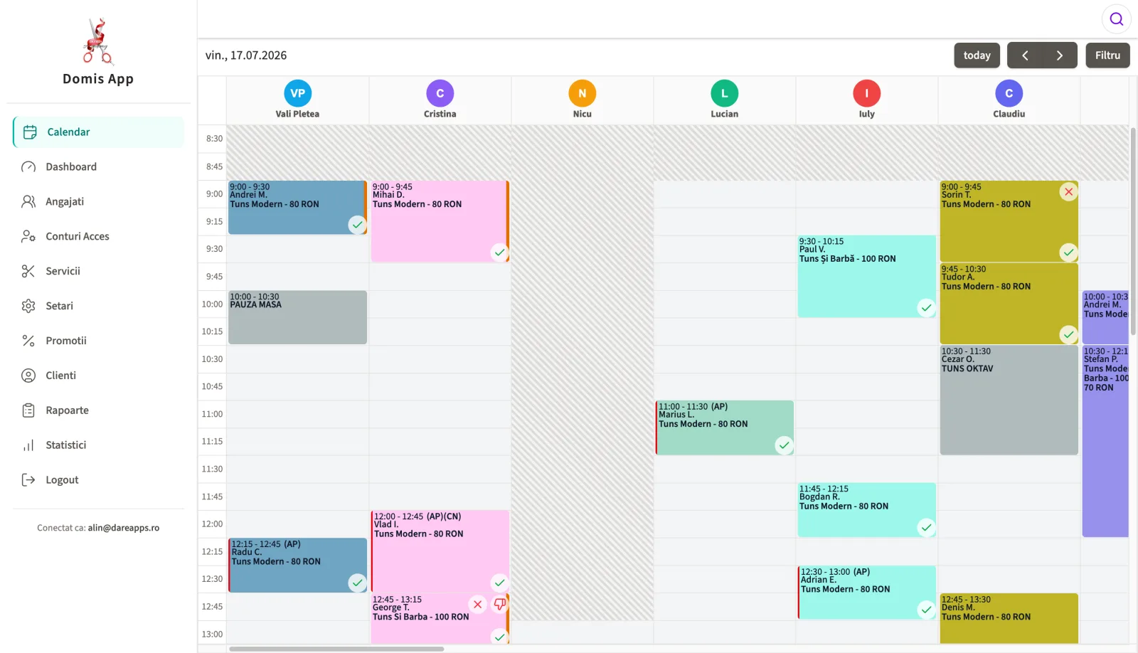Calendarul de administrare Domis App — programările zilei pentru șase specialiști